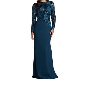 Tadashi Shoji Maxi Dress Women's Size 8 Floral Sequin Long Sleeve Stretch Cóctel